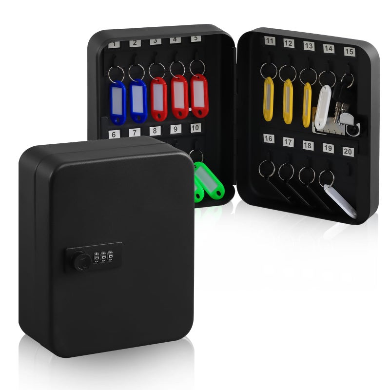 KYODOLED 20 Key Storage Lock Box with Code  Key Cabinet Organizer Wall Mount with Combination Lock  Key Hooks & Labels  7.87 x 6.3 x 3.14 in  Black - Image 1